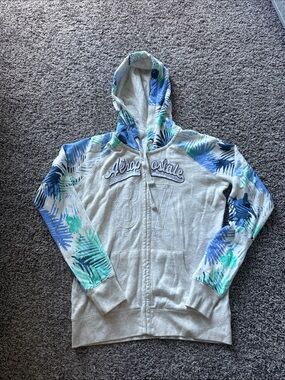 Aeropostale Light Gray Zip Hoodie with Blue & Green Palm Print